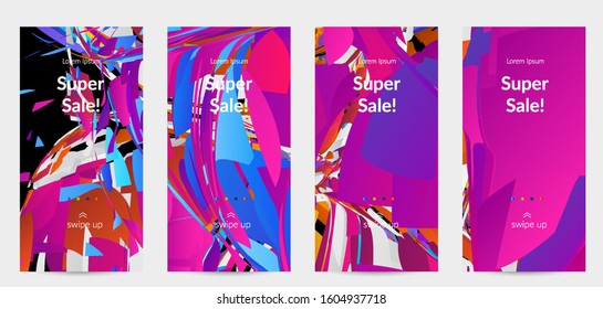 Abstract social media template with bright colored random small particle explosion. Sport music social media layout. Optical art dynamic background with outer space motion. Futuristic vector.