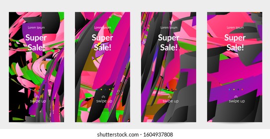 Abstract social media template with bright colored random small particle explosion. Sport music social media layout. Optical art dynamic background with outer space motion. Futuristic vector.