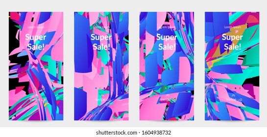 Abstract social media template with bright colored random small particle explosion. Sport music social media layout. Optical art dynamic background with outer space motion. Futuristic vector.