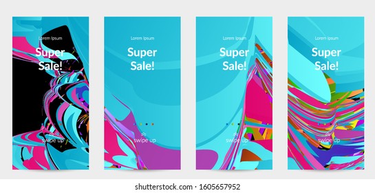 Abstract social media template with bright colored random small particle explosion. Sport music social media layout. Optical art dynamic background with outer space motion. Futuristic vector.