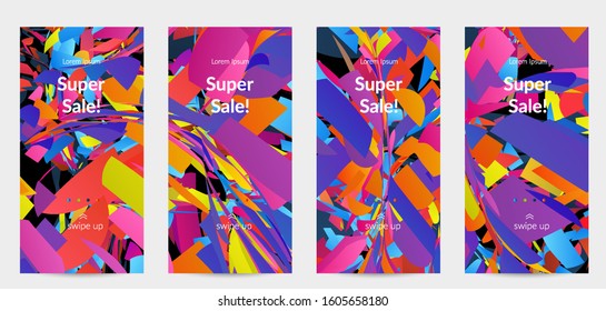 Abstract social media template with bright colored random small particle explosion. Sport music social media layout. Optical art dynamic background with outer space motion. Futuristic vector.