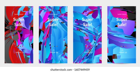 Abstract social media template with bright colored random small particle explosion. Sport music social media layout. Optical art dynamic background with outer space motion. Futuristic vector.