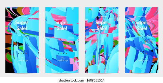 Abstract social media template with bright colored random small particle explosion. Sport music social media layout. Optical art dynamic background with outer space motion. Futuristic vector.