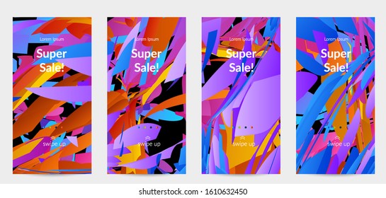 Abstract social media template with bright colored random small particle explosion. Sport music social media layout. Optical art dynamic background with outer space motion. Futuristic vector.