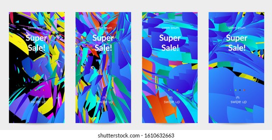 Abstract social media template with bright colored random small particle explosion. Sport music social media layout. Optical art dynamic background with outer space motion. Futuristic vector.