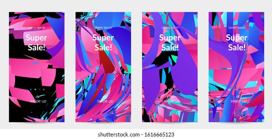 Abstract social media template with bright colored random small particle explosion. Sport music social media layout. Optical art dynamic background with outer space motion. Futuristic vector.