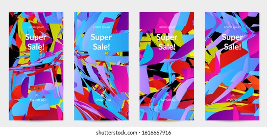 Abstract social media template with bright colored random small particle explosion. Sport music social media layout. Optical art dynamic background with outer space motion. Futuristic vector.