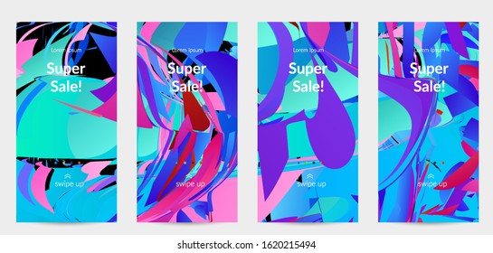 Abstract social media template with bright colored random small particle explosion. Sport music social media layout. Optical art dynamic background with outer space motion. Futuristic vector.