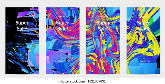 Abstract social media template with bright colored random small particle explosion. Sport music social media layout. Optical art dynamic background with outer space motion. Futuristic vector.