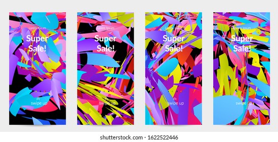 Abstract social media template with bright colored random small particle explosion. Sport music social media layout. Optical art dynamic background with outer space motion. Futuristic vector.