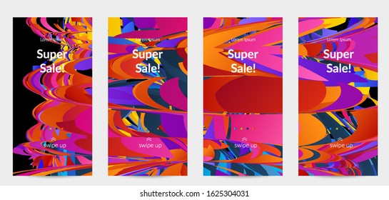 Abstract social media template with bright colored random small particle explosion. Sport music social media layout. Optical art dynamic background with outer space motion. Futuristic vector.