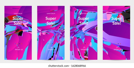 Abstract social media template with bright colored random small particle explosion. Sport music social media layout. Optical art dynamic background with outer space motion. Futuristic vector.