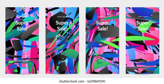 Abstract social media template with bright colored random small particle explosion. Sport music social media layout. Optical art dynamic background with outer space motion. Futuristic vector.