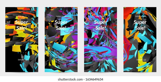 Abstract social media template with bright colored random small particle explosion. Sport music social media layout. Optical art dynamic background with outer space motion. Futuristic vector.