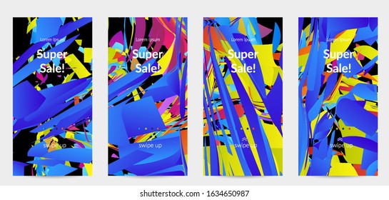 Abstract social media template with bright colored random small particle explosion. Sport music social media layout. Optical art dynamic background with outer space motion. Futuristic vector.