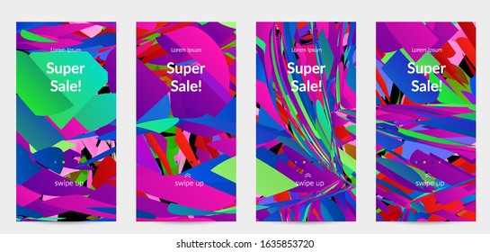 Abstract social media template with bright colored random small particle explosion. Sport music social media layout. Optical art dynamic background with outer space motion. Futuristic vector.