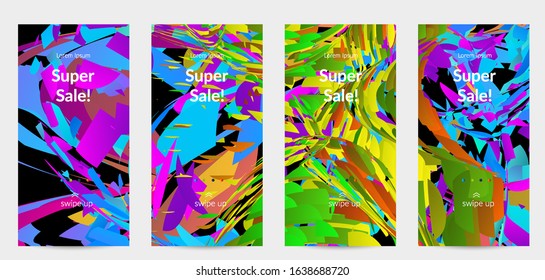 Abstract social media template with bright colored random small particle explosion. Sport music social media layout. Optical art dynamic background with outer space motion. Futuristic vector.