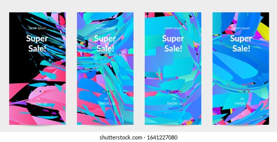Abstract social media template with bright colored random small particle explosion. Sport music social media layout. Optical art dynamic background with outer space motion. Futuristic vector.