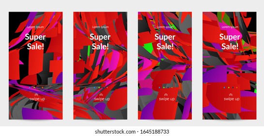 Abstract social media template with bright colored random small particle explosion. Sport music social media layout. Optical art dynamic background with outer space motion. Futuristic vector.