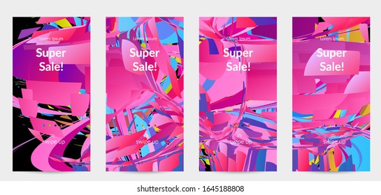 Abstract social media template with bright colored random small particle explosion. Sport music social media layout. Optical art dynamic background with outer space motion. Futuristic vector.