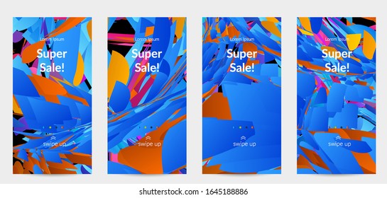 Abstract social media template with bright colored random small particle explosion. Sport music social media layout. Optical art dynamic background with outer space motion. Futuristic vector.