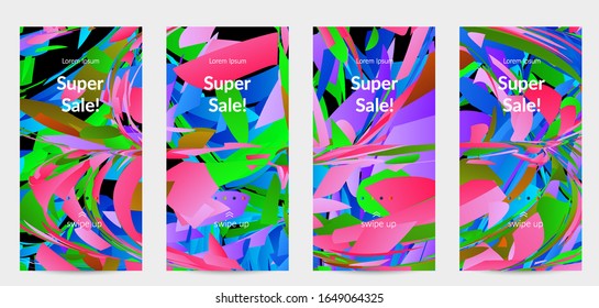 Abstract social media template with bright colored random small particle explosion. Sport music social media layout. Optical art dynamic background with outer space motion. Futuristic vector.