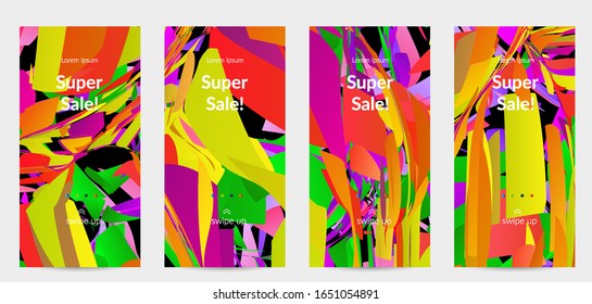 Abstract social media template with bright colored random small particle explosion. Sport music social media layout. Optical art dynamic background with outer space motion. Futuristic vector.