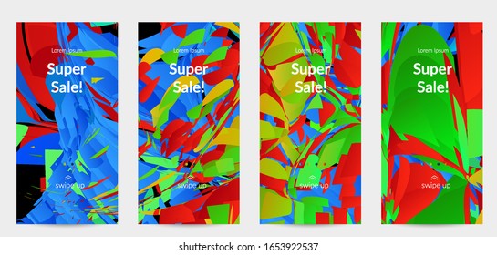 Abstract social media template with bright colored random small particle explosion. Sport music social media layout. Optical art dynamic background with outer space motion. Futuristic vector.
