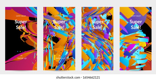 Abstract social media template with bright colored random small particle explosion. Sport music social media layout. Optical art dynamic background with outer space motion. Futuristic vector.