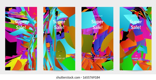 Abstract social media template with bright colored random small particle explosion. Sport music social media layout. Optical art dynamic background with outer space motion. Futuristic vector.