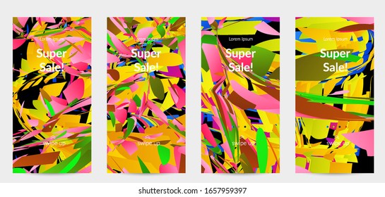 Abstract social media template with bright colored random small particle explosion. Sport music social media layout. Optical art dynamic background with outer space motion. Futuristic vector.