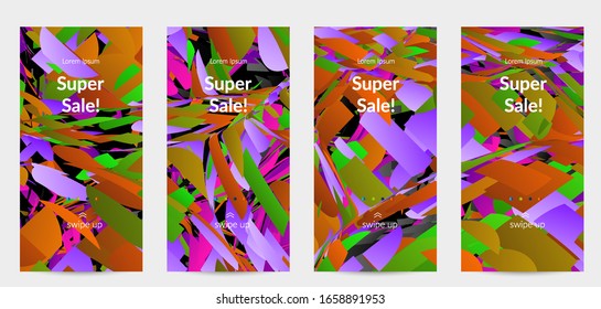 Abstract social media template with bright colored random small particle explosion. Sport music social media layout. Optical art dynamic background with outer space motion. Futuristic vector.