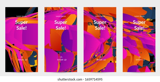 Abstract social media template with bright colored random small particle explosion. Sport music social media layout. Optical art dynamic background with outer space motion. Futuristic vector.