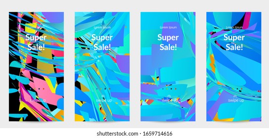 Abstract social media template with bright colored random small particle explosion. Sport music social media layout. Optical art dynamic background with outer space motion. Futuristic vector.