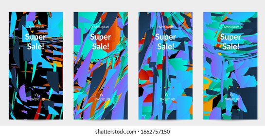 Abstract social media template with bright colored random small particle explosion. Sport music social media layout. Optical art dynamic background with outer space motion. Futuristic vector.