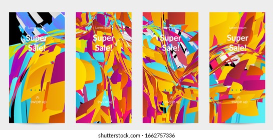 Abstract social media template with bright colored random small particle explosion. Sport music social media layout. Optical art dynamic background with outer space motion. Futuristic vector.