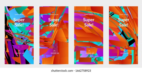 Abstract social media template with bright colored random small particle explosion. Sport music social media layout. Optical art dynamic background with outer space motion. Futuristic vector.