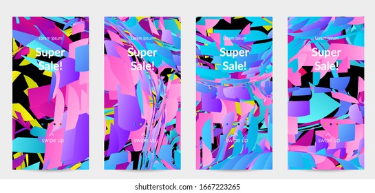 Abstract social media template with bright colored random small particle explosion. Sport music social media layout. Optical art dynamic background with outer space motion. Futuristic vector.