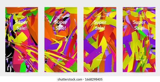 Abstract social media template with bright colored random small particle explosion. Sport music social media layout. Optical art dynamic background with outer space motion. Futuristic vector.