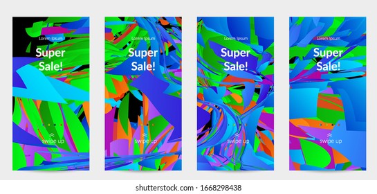 Abstract social media template with bright colored random small particle explosion. Sport music social media layout. Optical art dynamic background with outer space motion. Futuristic vector.