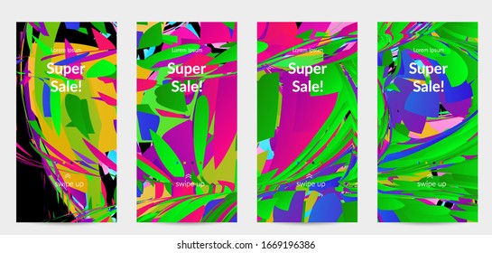Abstract social media template with bright colored random small particle explosion. Sport music social media layout. Optical art dynamic background with outer space motion. Futuristic vector.
