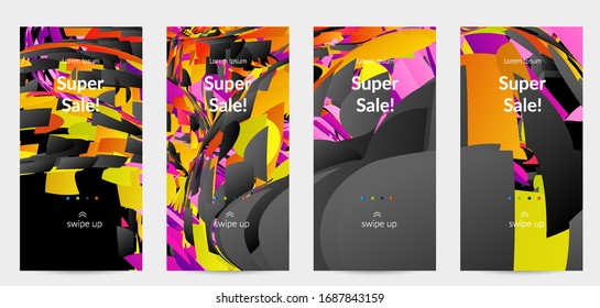 Abstract social media template with bright colored random small particle explosion. Sport music social media layout. Optical art dynamic background with outer space motion. Futuristic vector.