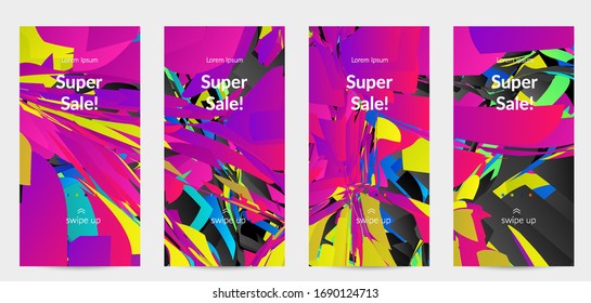 Abstract social media template with bright colored random small particle explosion. Sport music social media layout. Optical art dynamic background with outer space motion. Futuristic vector.