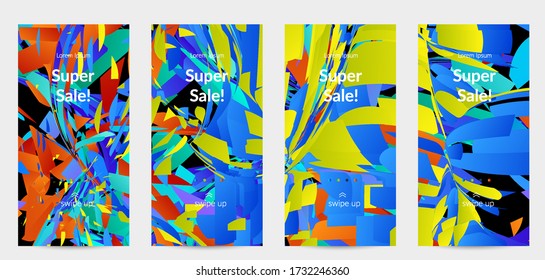 Abstract social media template with bright colored random small particle explosion. Sport music social media layout. Optical art dynamic background with outer space motion. Futuristic vector.
