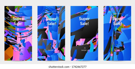 Abstract social media template with bright colored random small particle explosion. Sport music social media layout. Optical art dynamic background with outer space motion. Futuristic vector.