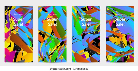 Abstract social media template with bright colored random small particle explosion. Sport music social media layout. Optical art dynamic background with outer space motion. Futuristic vector.