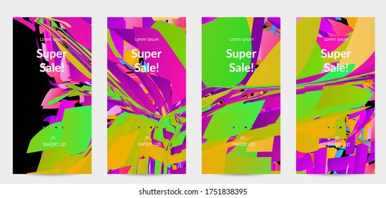 Abstract social media template with bright colored random small particle explosion. Sport music social media layout. Optical art dynamic background with outer space motion. Futuristic vector.