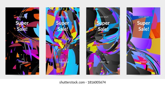 Abstract social media template with bright colored random small particle explosion. Sport music social media layout. Optical art dynamic background with outer space motion. Futuristic vector.