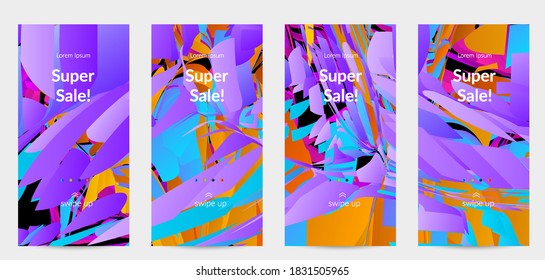 Abstract social media template with bright colored random small particle explosion. Sport music social media layout. Optical art dynamic background with outer space motion. Futuristic vector.