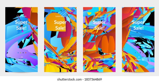 Abstract social media template with bright colored random small particle explosion. Sport music social media layout. Optical art dynamic background with outer space motion. Futuristic vector.